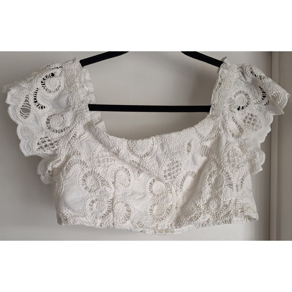 H&M Crop Top Women White 100% Cotton Crochet Scoop Neck Boho Short Sleeve